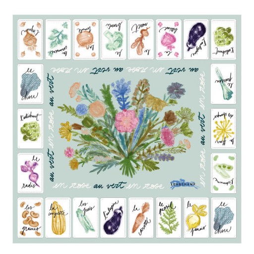 Longchamp Rosa y Verde de la bufanda de Seda de 50 Vervain - de Seda